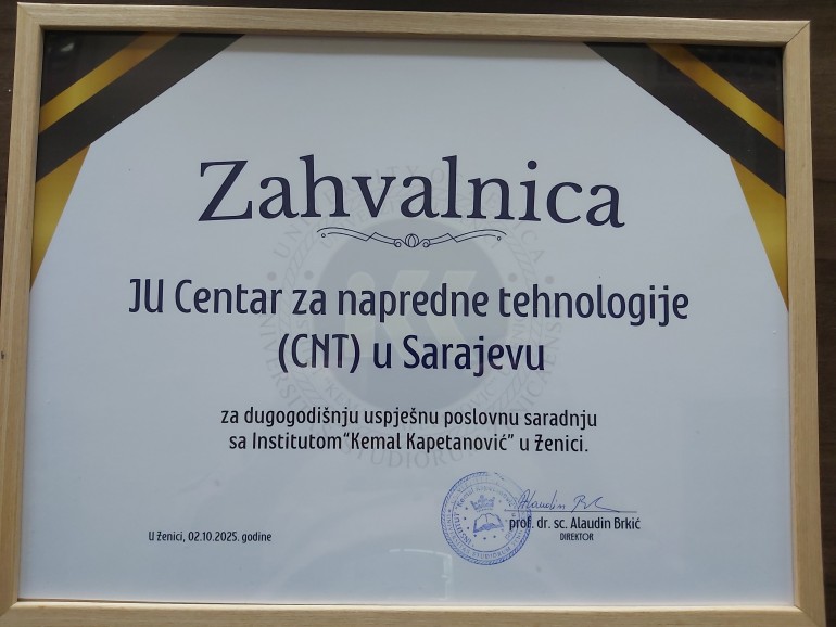 Zahvalnica za CNT od Instituta „Kemal Kapetanović“ za dugogodišnju uspješnu poslovnu saradnju