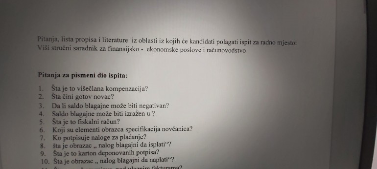 Pitanja za kandidate  - javni oglas za Višeg stručnog saradnika za finansijsko-ekonomske poslove i računovodstvo