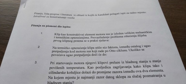 Pitanja za kandidate  - javni oglas za Istraživač za konstruisanje vozila